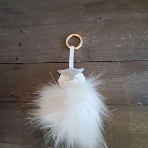 Fluffy Owl Leather Bag Charm Keychain with Jewel Eyes New